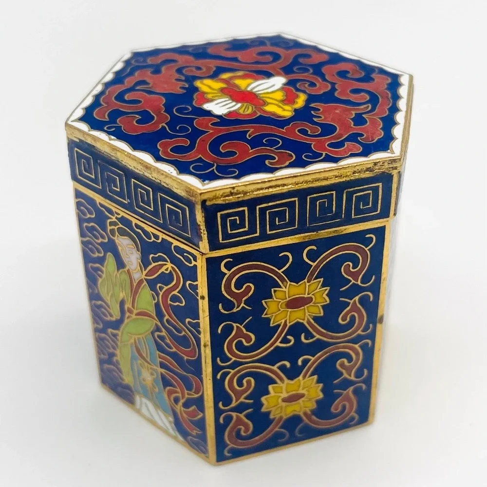Peking Jewelry Cloisonne Enamel 7-Piece Puzzle Trinket Box Set Blue Floral